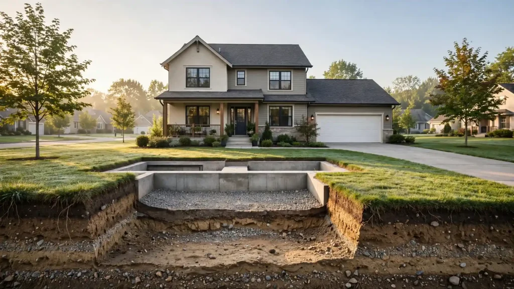 Home with cutaway view revealing foundation and soil layers beneath
