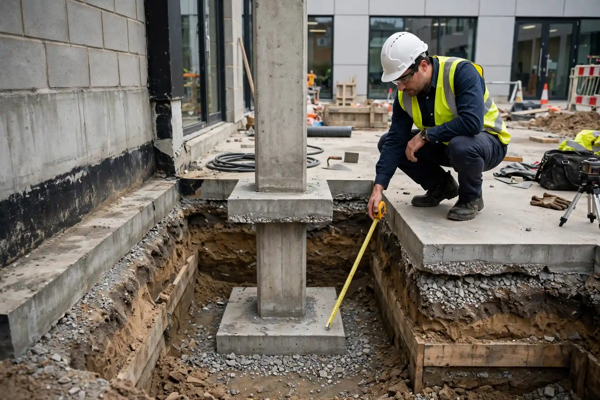 Structural engineer inspecting a commercial office building's exposed foundation, showing the wall footing, concrete column footing, and floor slab edge in an inspection pit