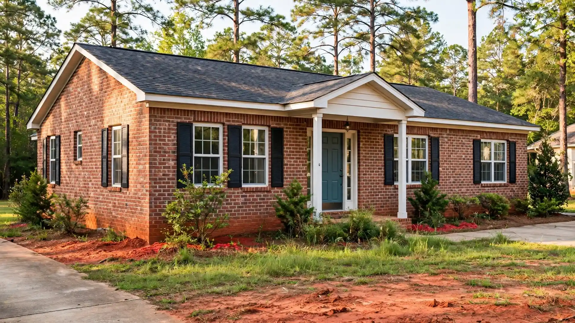 Carolina brick home with red clay soil around its foundation