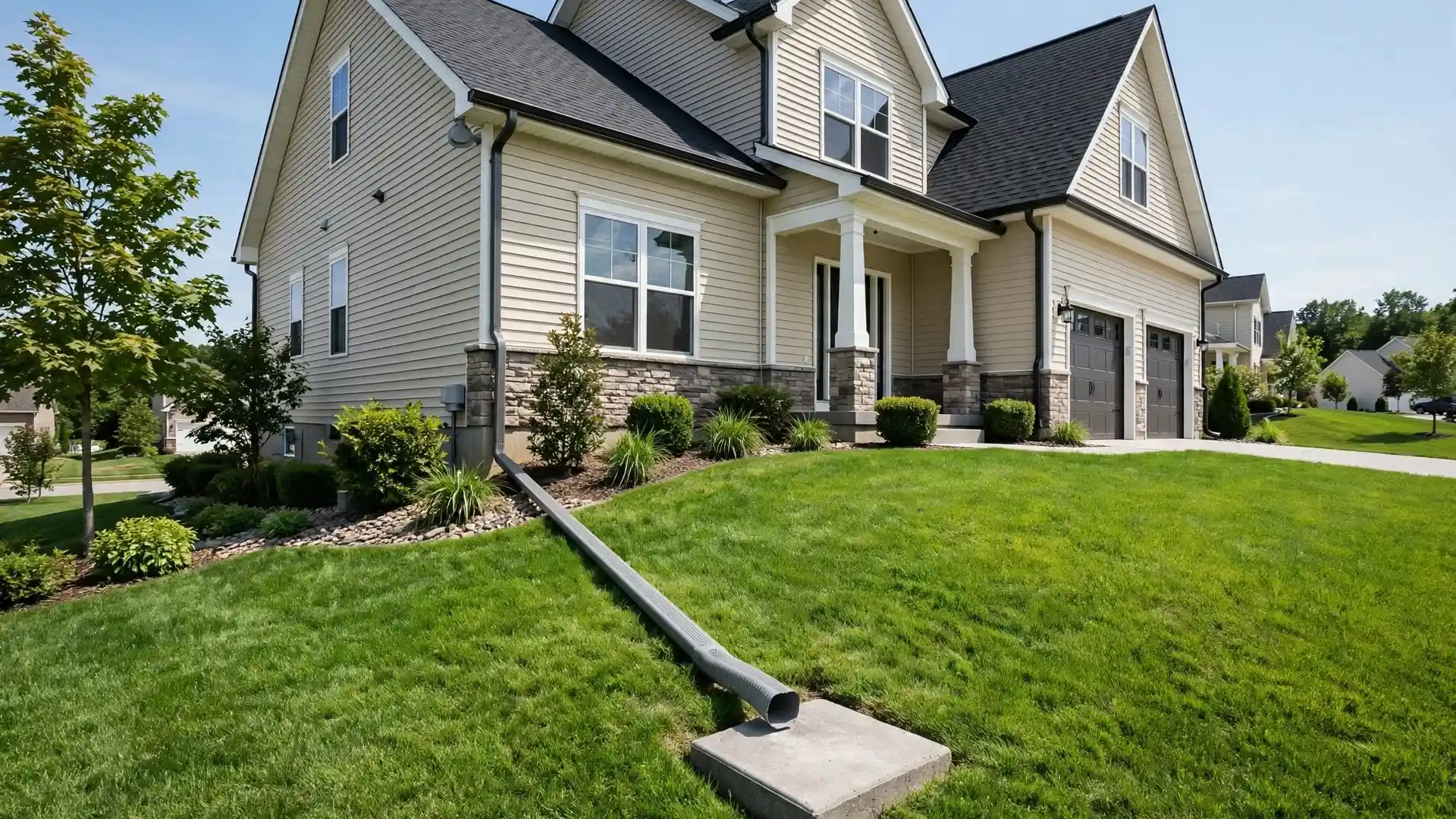 Home with yard grading sloping away from the foundation and an extended downspout