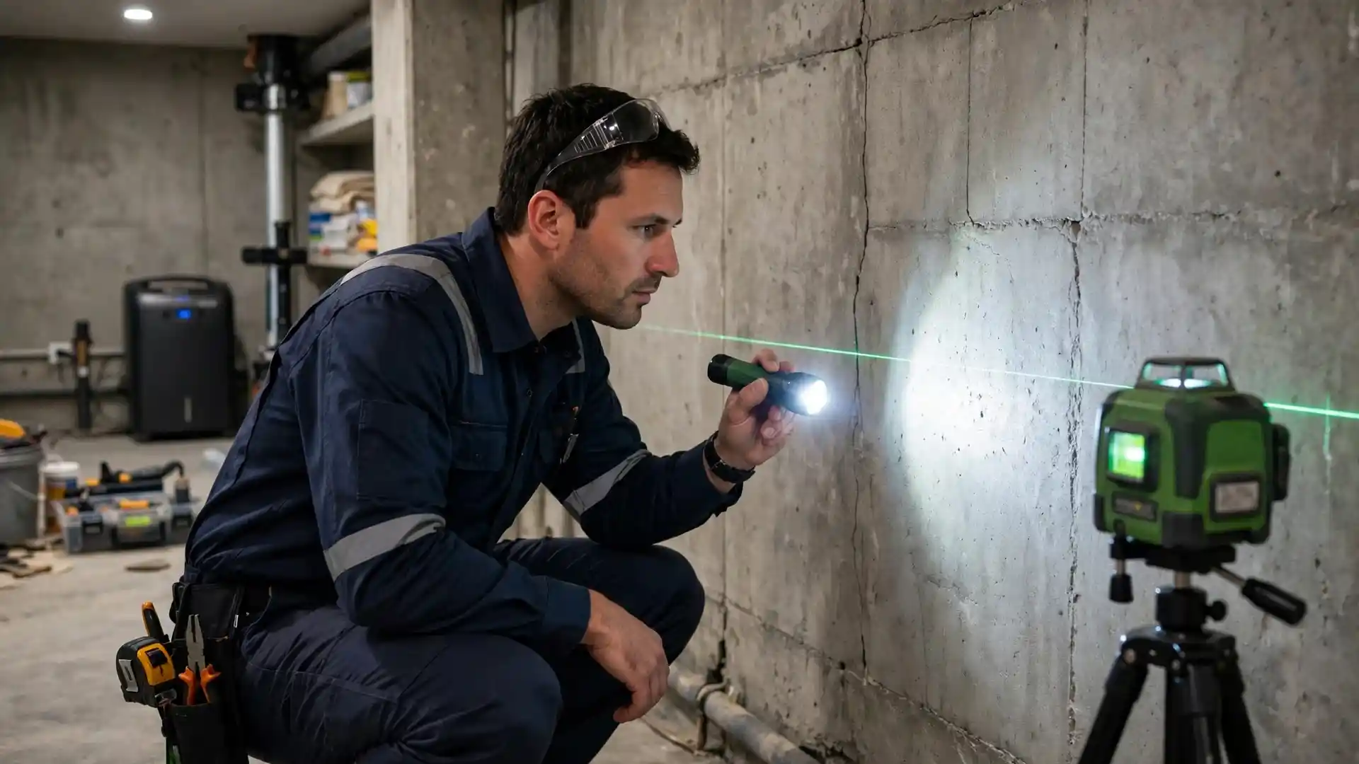 Foundation specialist inspecting a basement foundation wall with a flashlight