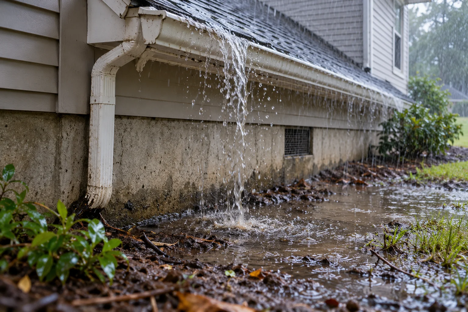 Rainwater overflowing a gutter and pooling beside a home's foundation