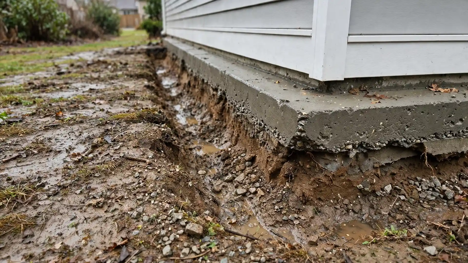 Eroded soil exposing a house foundation footing with a washout channel