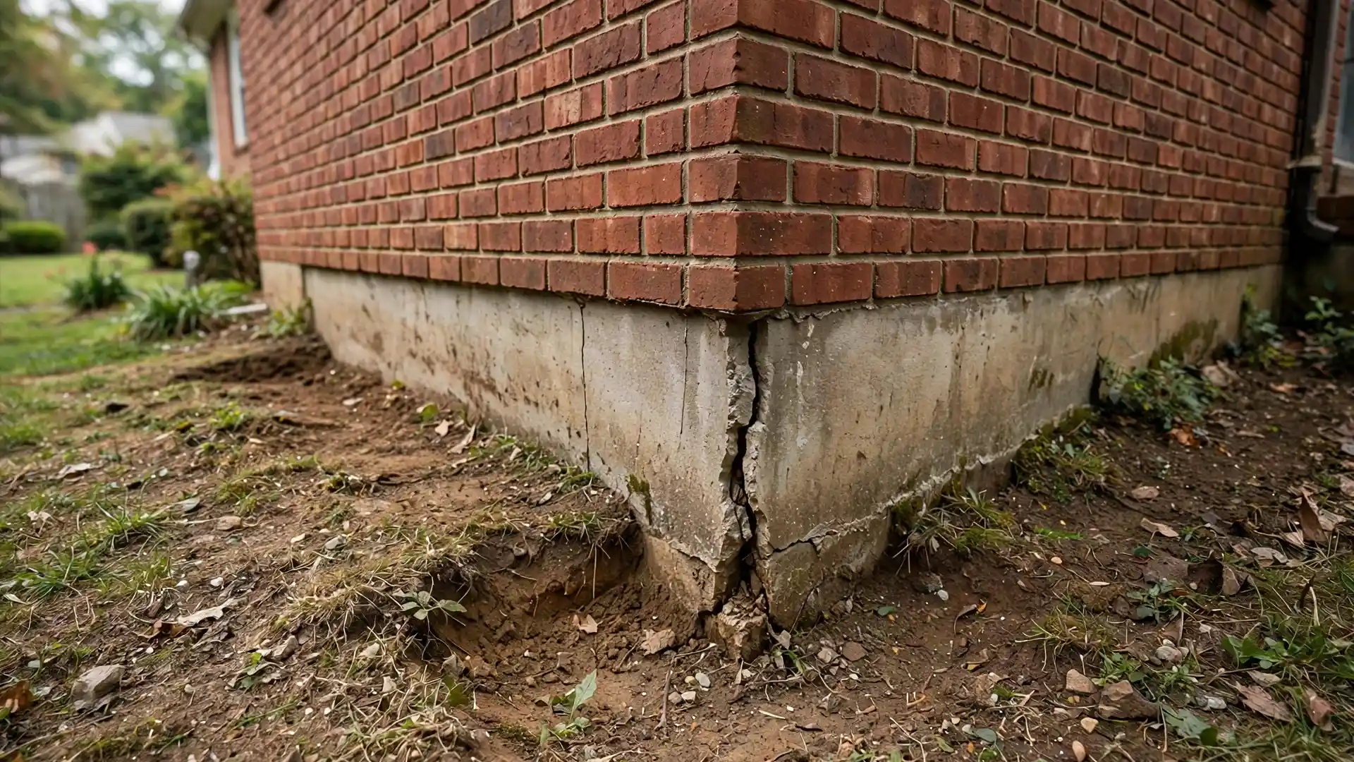 Cracked foundation wall on a brick home where the ground has settled unevenly