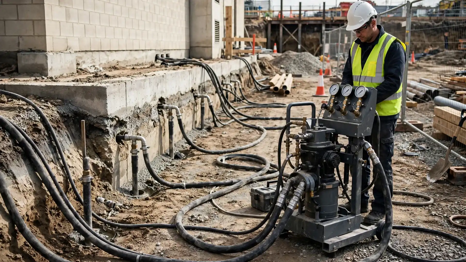 Grout pump rig injecting stabilizing grout beside a building foundation during soil stabilization work