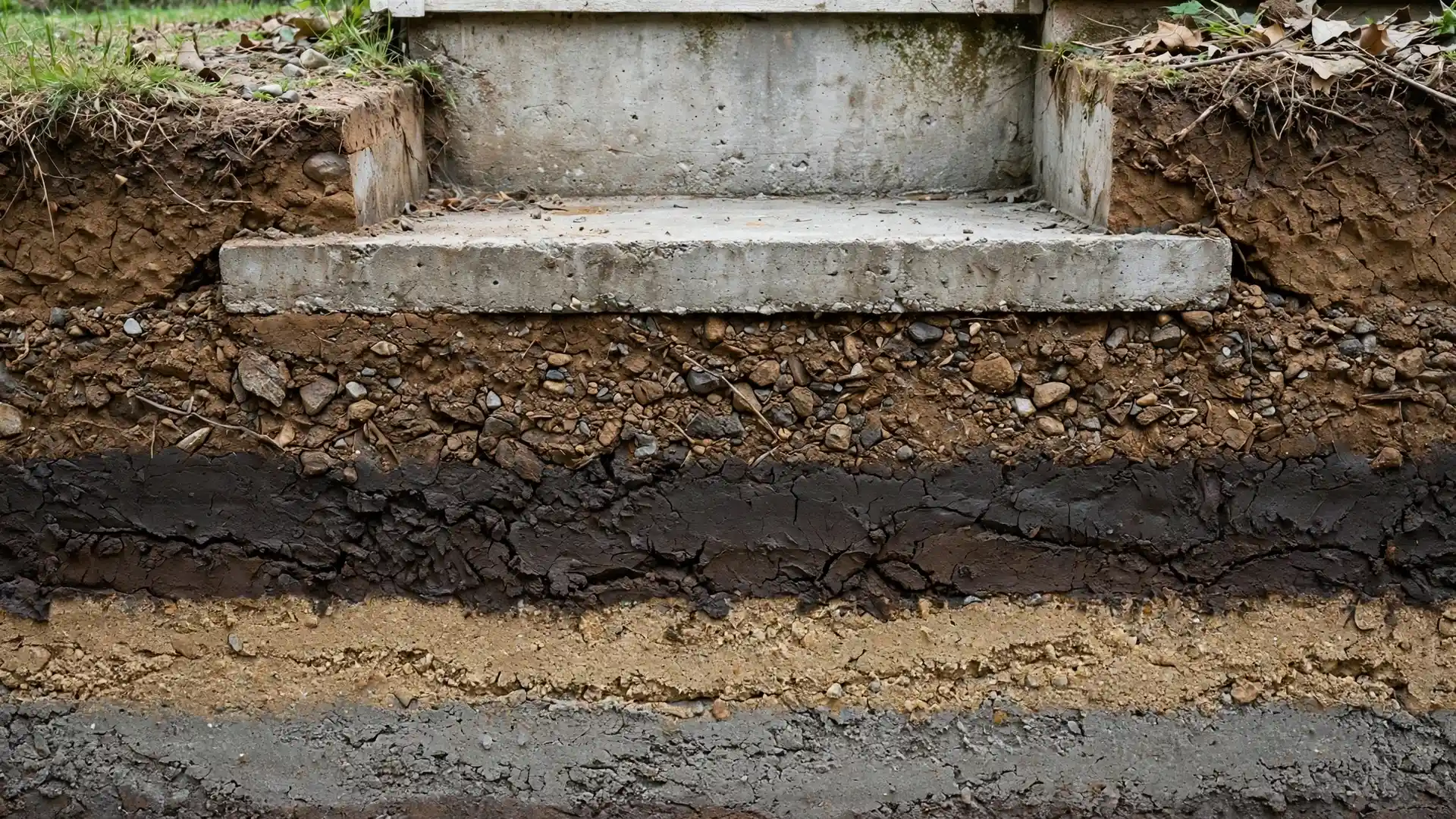 Cross-section of clay, sand, silt, and fill soil layers beneath a house foundation
