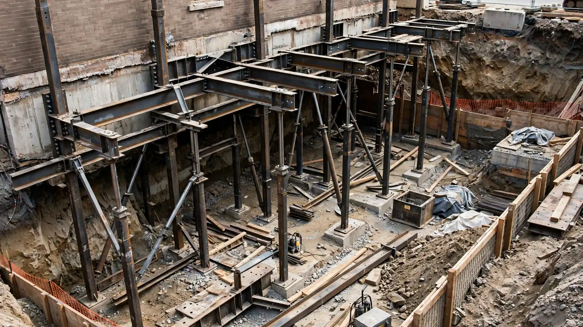 Temporary steel shoring posts and beams supporting a building during foundation reconstruction